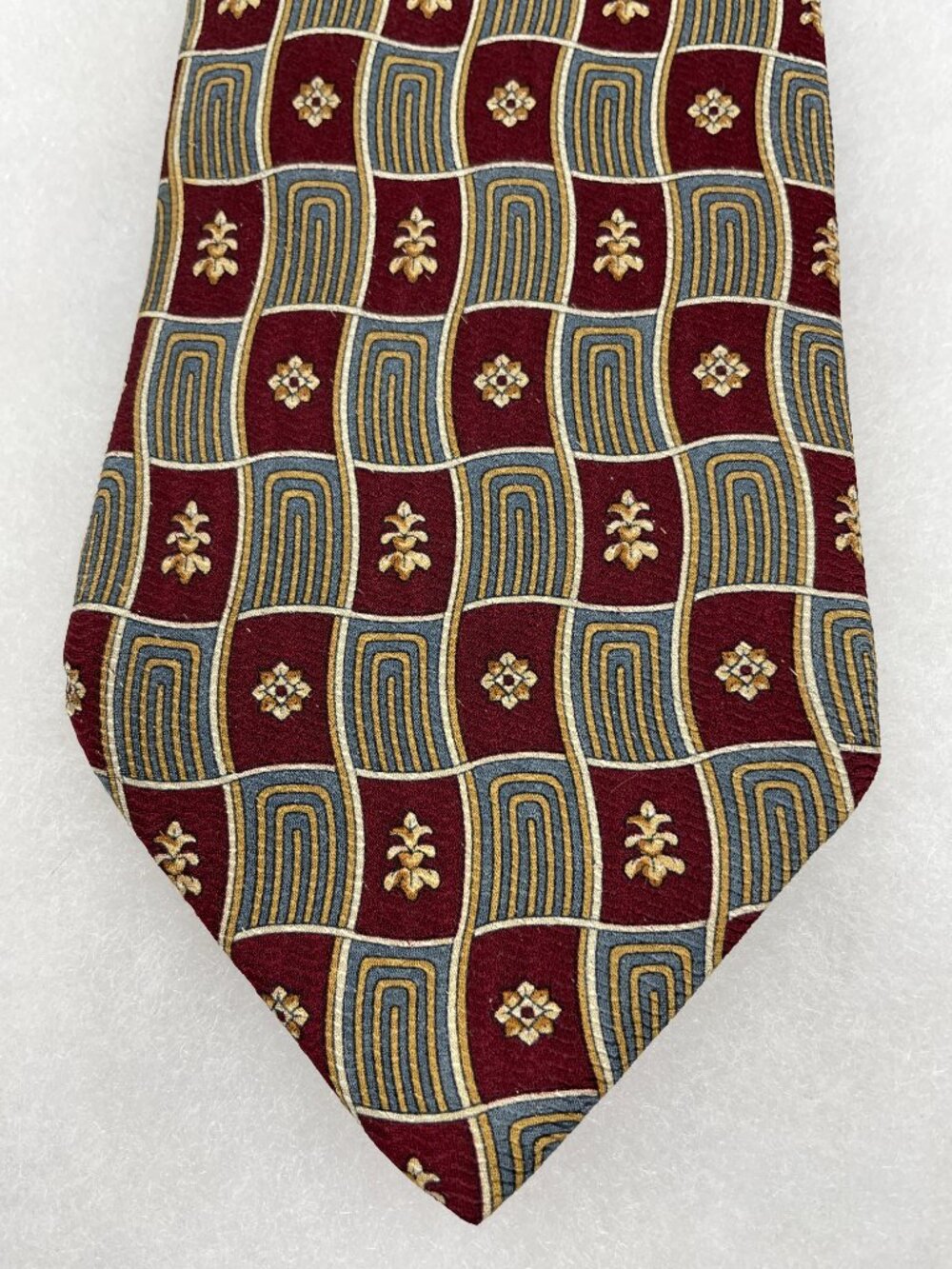 Essex Row Silk Tie Burgundy Gold Blue Geometric Fleur-de-lis Made in USA